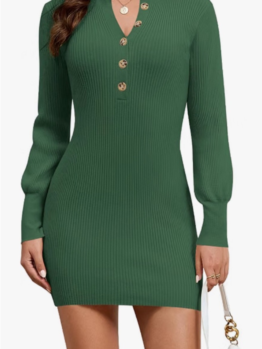 🌲Green Ribbed Henley Knit Dress